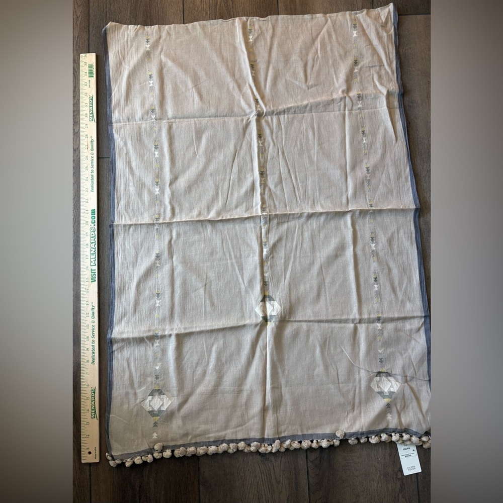 Eileen Fisher NWT Beige and Gray Cotton Scarf with Embroidered Accents - Picture 8 of 9